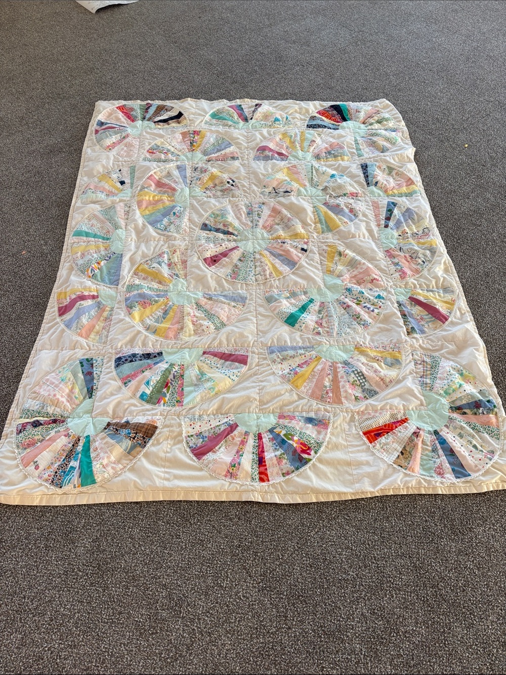Cutter Quilt Handmade Patchwork Fan Quilt in Pastel Multicolor